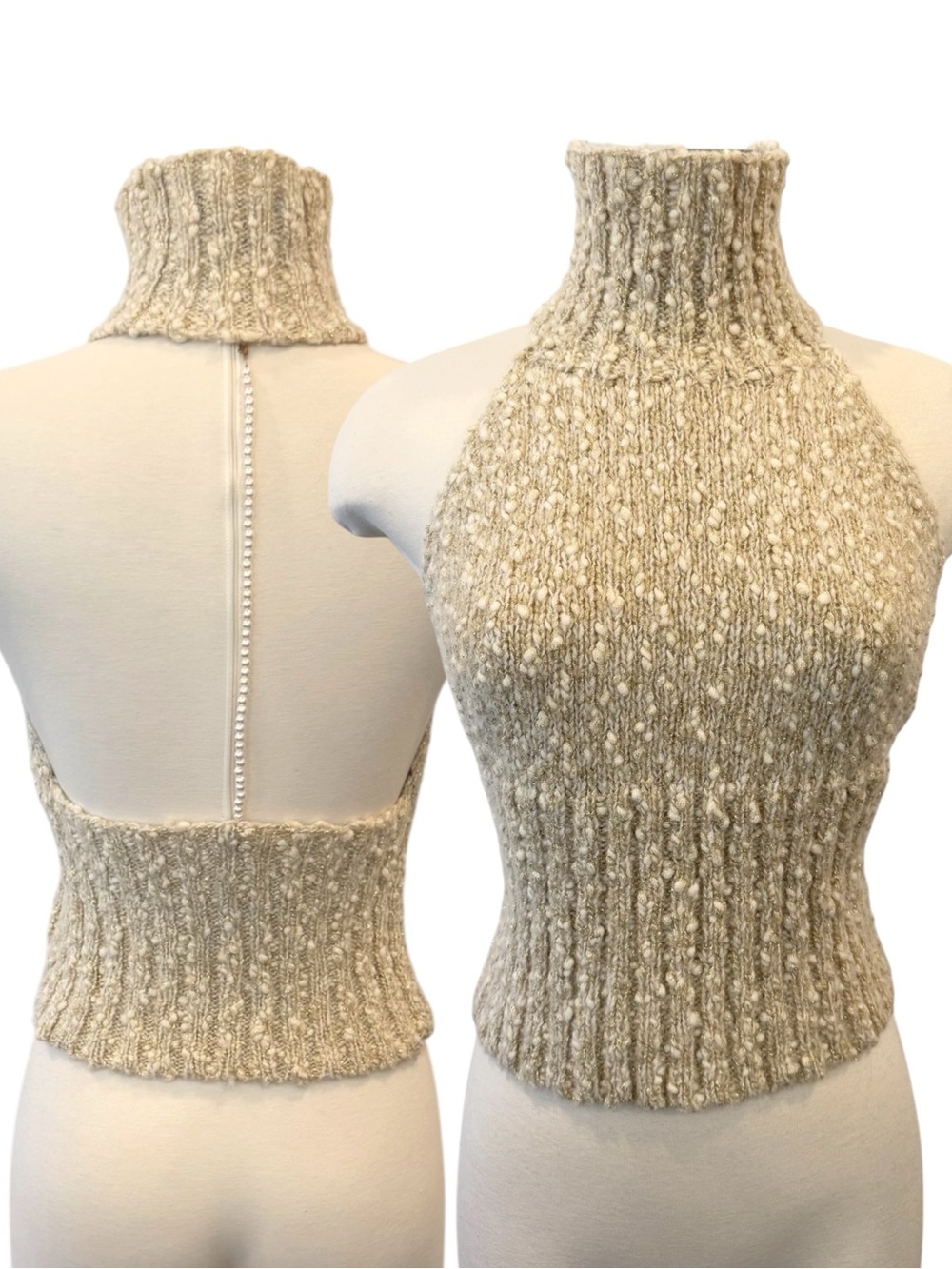 EXPRESS Wool Blend Cream Metallic Gold Knit Vintage Holiday Halter Sweater Top M